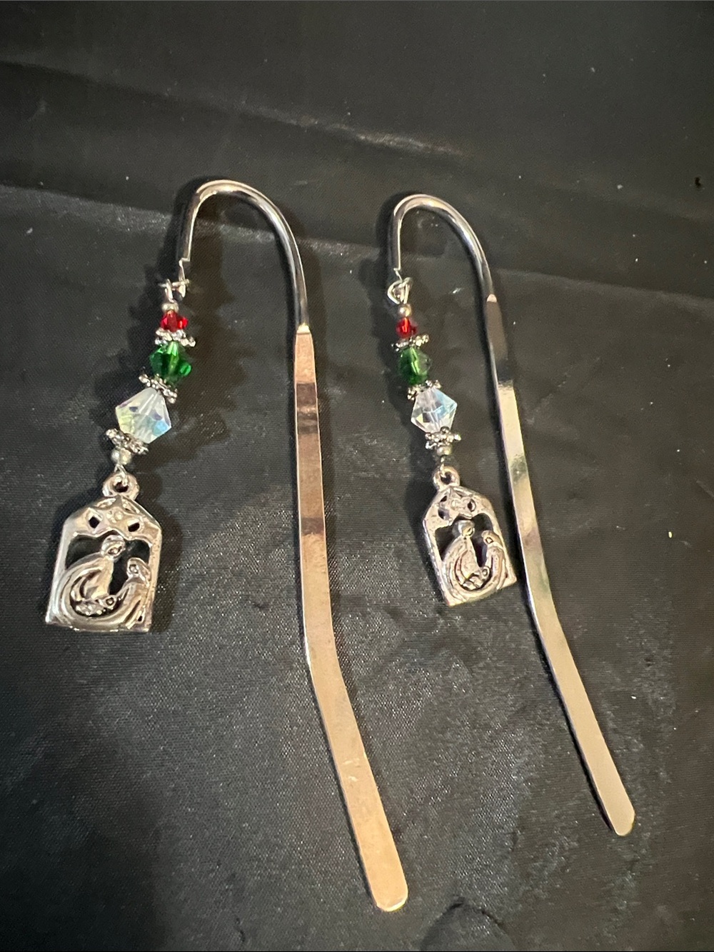 Silver Nativity Bookmark  with Green and Red Beads